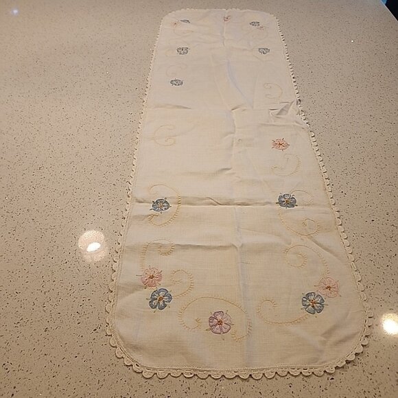 Vintage Table Runner Dresser Scarf Linen Embroidered Floral 42x14" Handmade Lace - Picture 1 of 4
